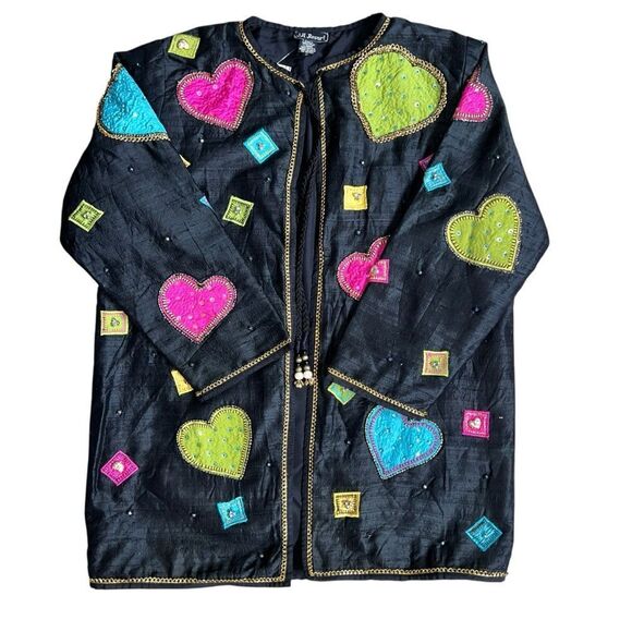 Colorful Silk Jacket with Heart Appliqué by JA Resort Oversized Size S - Picture 6 of 7
